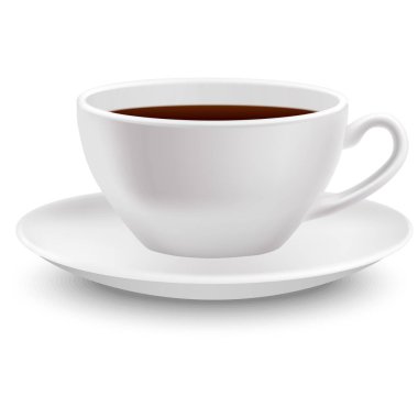 Beyaz arka planda gölgesi olan bir tabakta gerçekçi bir fincan kahve.