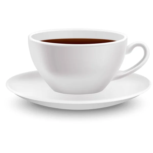 Ρεαλιστικό φλιτζάνι καφέ σε ένα πιατάκι με σκιά σε λευκό φόντο. — Διανυσματικό Αρχείο