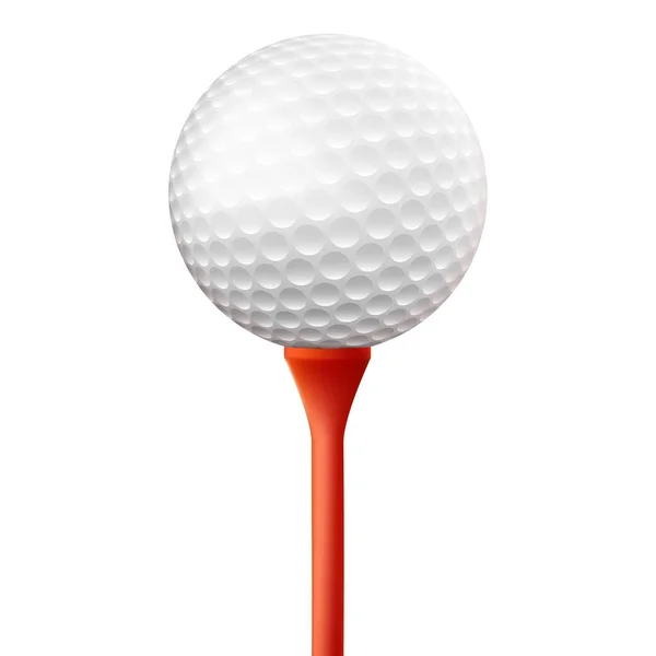 Realistic golf ball on red stand on white background — Stock Vector