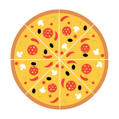 Beyaz arka planda sosisli pizza, mantar, zeytin