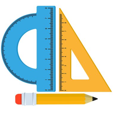 Protractor cetvel seti, üçgen cetvel ve kalem