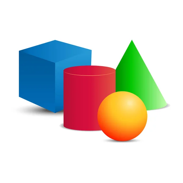 3D geometrické tvary: kostka, válcový, kuželový, koule — Stockový vektor