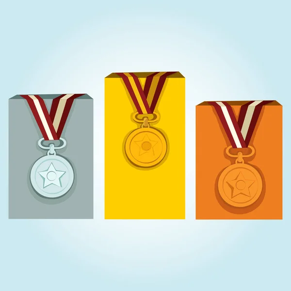 Pedestal primer, segundo y tercer lugar con medallas — Vector de stock