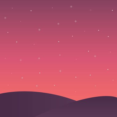 Pembe gökyüzü ve tepe. Yıldızlarla gün batımı