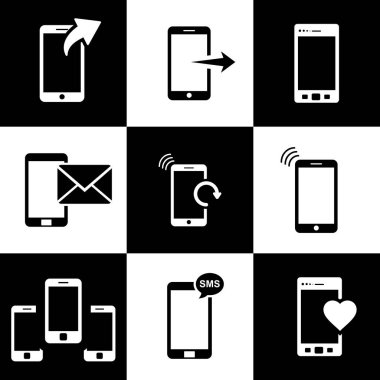 Satranç tahtası arka planındaki telefon simgeleri. Vektör çizimi