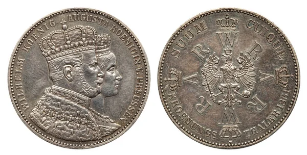 ドイツ プロイセン銀貨戴冠式ターレル ヴィルヘルム 1861 表側ヴィルヘルム オーガスタ 逆のイーグル — ストック写真
