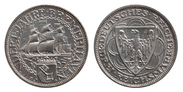 Срібна Монета Німеччина Марк Веймарська Республіка 1927 Передня Сторона Вітрильного — стокове фото
