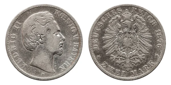 Cesarstwo Niemieckie Bawaria Marka Srebrna Moneta Ludwig Vintage 1876 — Zdjęcie stockowe