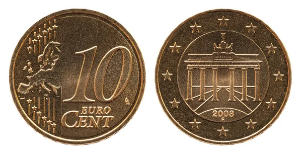 Niemiecki 10 euro Cent Niemcy moneta, Front Side 10 i Europa, tyłu Brama Brandenburska — Zdjęcie stockowe