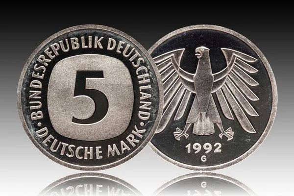 Duitsland Duitse munt vijf 5 merken, omloop munt, kleine verandering, geslagen 1992 Rechtenvrije Stockafbeeldingen