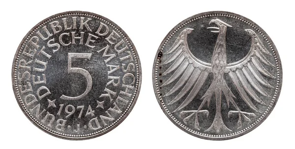 Germania Moneta tedesca da 5 marchi, circolazione moneta, argento, coniata 1974 — Foto Stock