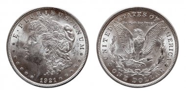 Abd Morgan Silver Dollar sikke 1921 basılmış, beyaz izole