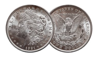 Abd Morgan Silver Dollar sikke 1921 basılmış, beyaz arka plan üzerinde izole