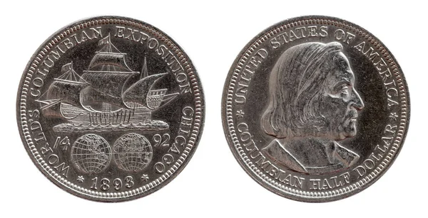 Pièce commémorative demi-dollar US argent 1893, isolée sur blanc — Photo