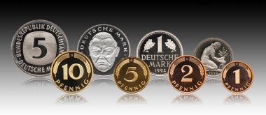 Almanya Alman pfennig işareti sikke seti, degrade arka plan