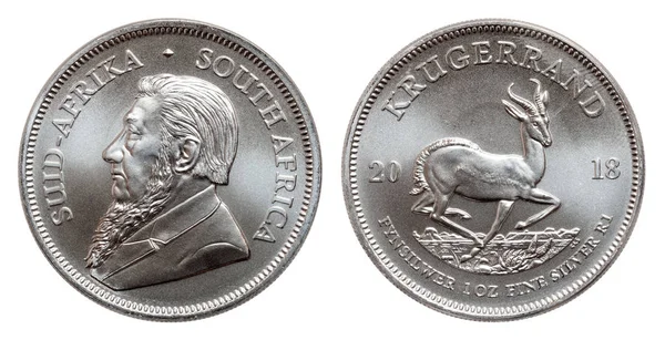 Zuid-Afrikaanse Krugerrand 1 ounce zilveren bullion munt geïsoleerd op witte achtergrond Rechtenvrije Stockafbeeldingen