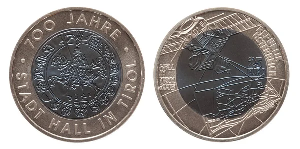 Αυστρία ασήμι niob κέρμα 25 25 ευρώ κομμένα 2003 απομονώνονται σε λευκό φόντο — Φωτογραφία Αρχείου
