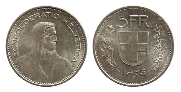Schweizer Münze 5 fünf Franken 1965 Silber isoliert auf weißem Hintergrund — Stockfoto
