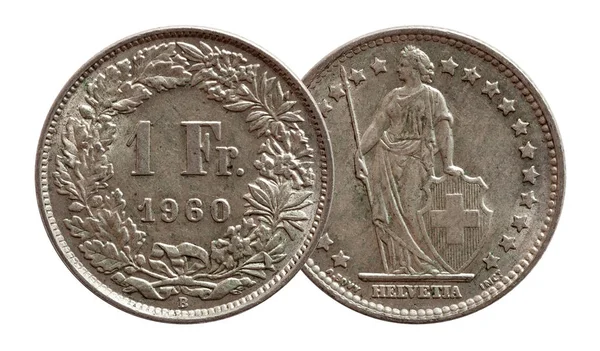 Suíça Moeda suíça 1 franco 1960 prata isolada sobre fundo branco — Fotografia de Stock