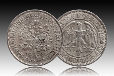 Almanya Alman gümüş sikke 5 beş mark meşe ağacı Weimar Cumhuriyeti