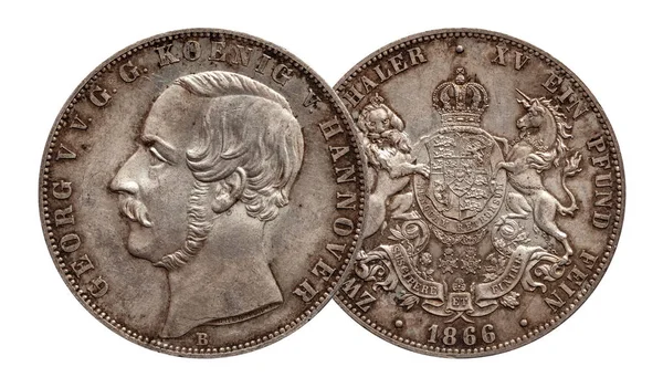 Duitsland Duitse zilveren munt 2 2 Thaler dubbele Thaler Hannover geslagen 1866 geïsoleerd op witte achtergrond Stockfoto
