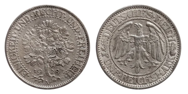 Німеччина Німецька Срібна монета 5 5 Марк дуб Веймарська республіка — стокове фото