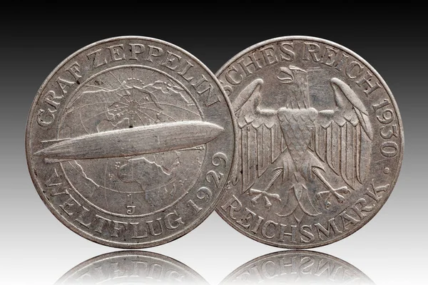 Alemania Moneda de plata alemana 5 cinco marcos zeppelin República de Weimar —  Fotos de Stock