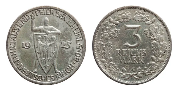 Almanya Alman gümüş sikke 3 üç işareti Rhineland kutlama Weimar Cumhuriyeti — Stok fotoğraf