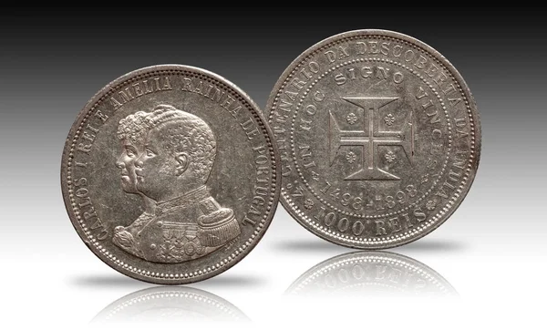 Portugal zilveren munt thousend 1000 reis geslagen 1898 Carlos en Amelia — Stockfoto