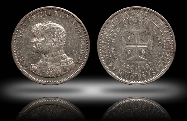 Срібна монета «ангаленд» 1000 рейс Карбувався 1898 Карлос і Амелія — стокове фото