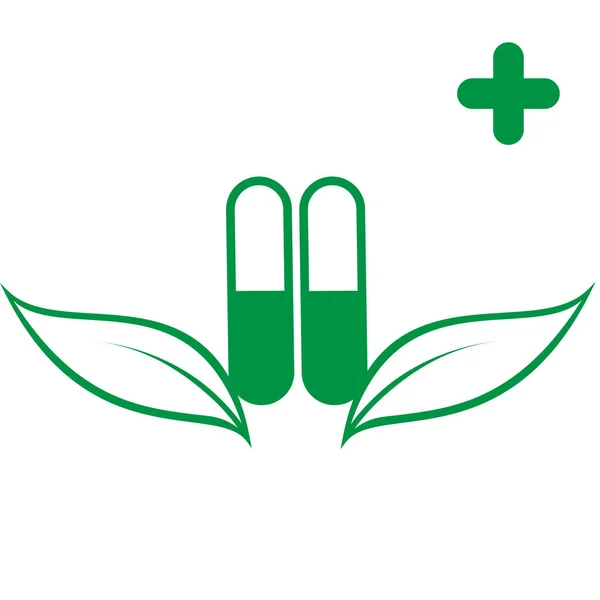 Illustration dispositifs médicaux et pilules avec feuilles — Image vectorielle