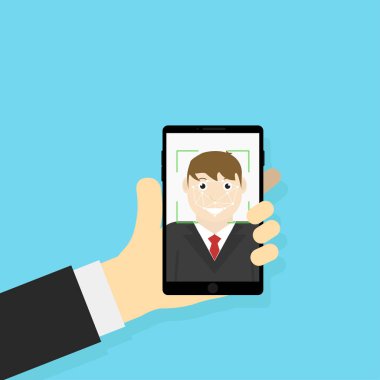 Vektör çizim yüz tanımlama. Fotography. Selfie. Biometrik bilgilerini. Yüz tarayıcı. Düz tasarım. EPS 10.