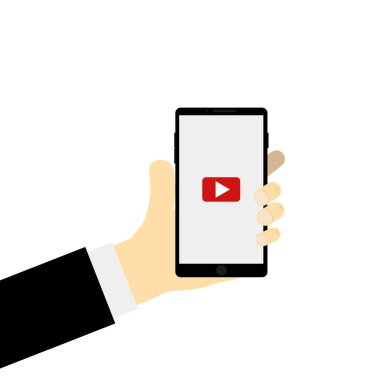 Vektör çizim el telefon uygulaması ile. Oyuncu arayüzü. Aygıt tutun. Medya uygulaması. Düz tasarım. EPS 10.