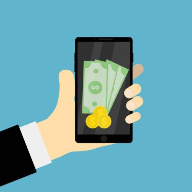 Para para ile mobil aygıt dolarlarına Eps 10 ile tutarak ekran altın sikkeler üzerinde tutan el