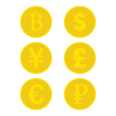 Altın sikke bitcoin Doları uang pound euro Rublesi altın para sarı madeni para işareti para birimi düz tasarım Eps 10 dizi