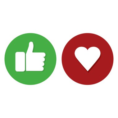 Yukarı ve kalp, yeşil ve kırmızı renkler, beyaz arka plan izole simgesi, medya socia simgeler imzalar. Flet tasarım Eps 10.