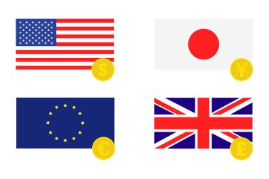 ABD Japonya Avrupa Büyük Britanya altın sikke yen dolar pound euro döviz işaretler. Düz tasarım Eps 10