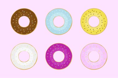 Dount kaç çeşit çikolata lezzetli yemekler pembe renkli donut tatlı çörek düz tasarım üzerinde ayarlayın. EPS 10