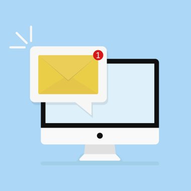 Yeni iletide mavi arka plan mavi ekran sms cocial medya uygulama posta kutusu posta bilgisayarda persolal. Düz tasarım Eps 10