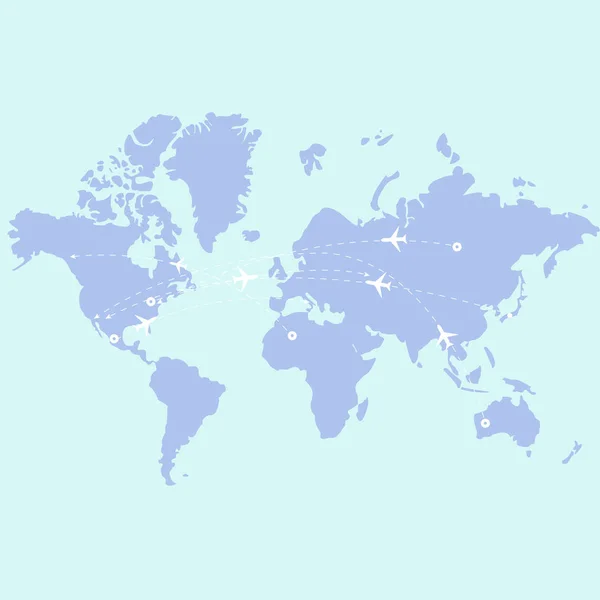 Mapa do mundo vetorial com aviões geografia Europa viajar avião de design plano —  Vetores de Stock
