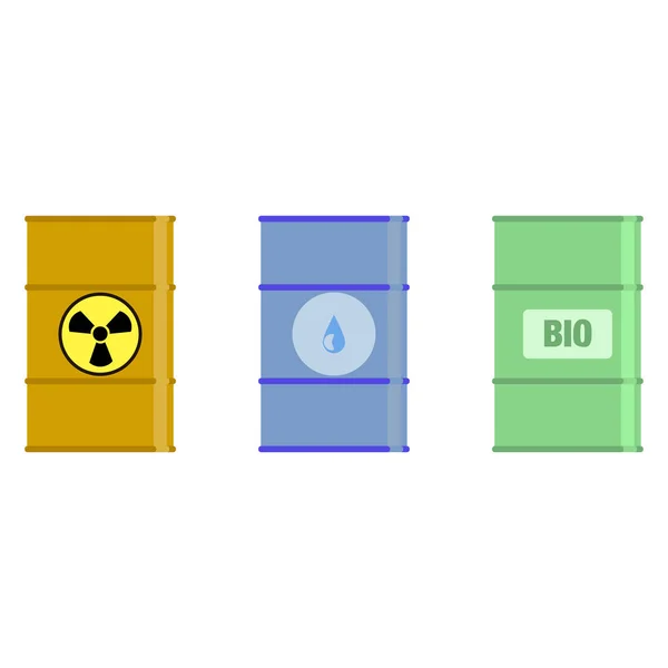 Vetor barells em diferentes cores barells de metal, perigo químico tóxico —  Vetores de Stock