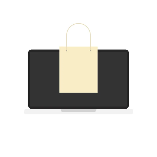 Portátil con bolsa. Compras por Internet. Fondo blanco. Icono de marketing. Comprar ilustración. Diseño plano. EPS 10 . — Vector de stock