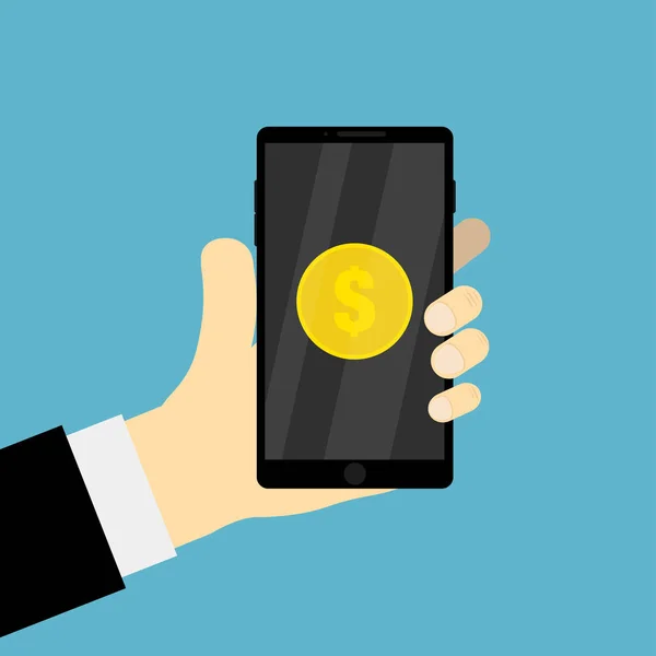 Χέρι που κρατά κινητό με χρήματα χρήματα σε οθόνη χρυσό κέρμα εκμετάλλευση συσκευή με τους λογαριασμούς δολαρίων Eps 10 — Διανυσματικό Αρχείο