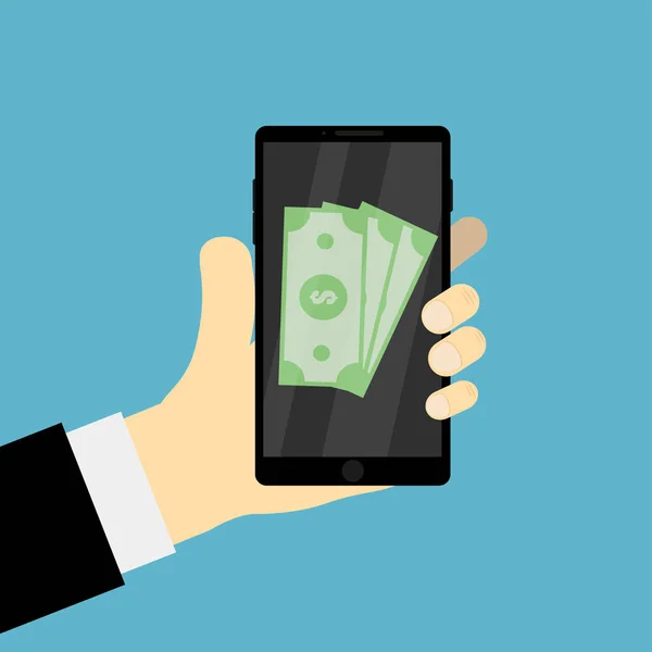 Mão segurando móvel com dinheiro em dinheiro na tela segurando dispositivo com notas de dólar EPS 10 — Vetor de Stock