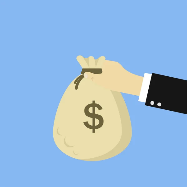 Hand met zak geld blauwe achtergrond teken van dollar financiële steun salaris of betaling cash EPS-10 plat ontwerp — Stockvector