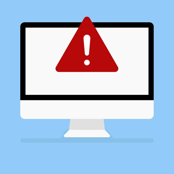 컴퓨터 오류 또는 빨간색 기호 주의 위험 오류 메시지 장치 화면 파란색 배경을 그림자 경고 아이콘. 평면 디자인 Eps 10 — 스톡 벡터
