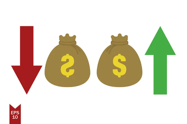 Réduction financière moyey investissement rouge vert flèche stock de dollars. Conception plate EPS 10 — Image vectorielle