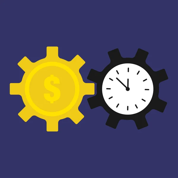 Tijd geldsymbolen klok tandwielen op blauwe achtergrond. Platte ontwerp EPS-10 — Stockvector
