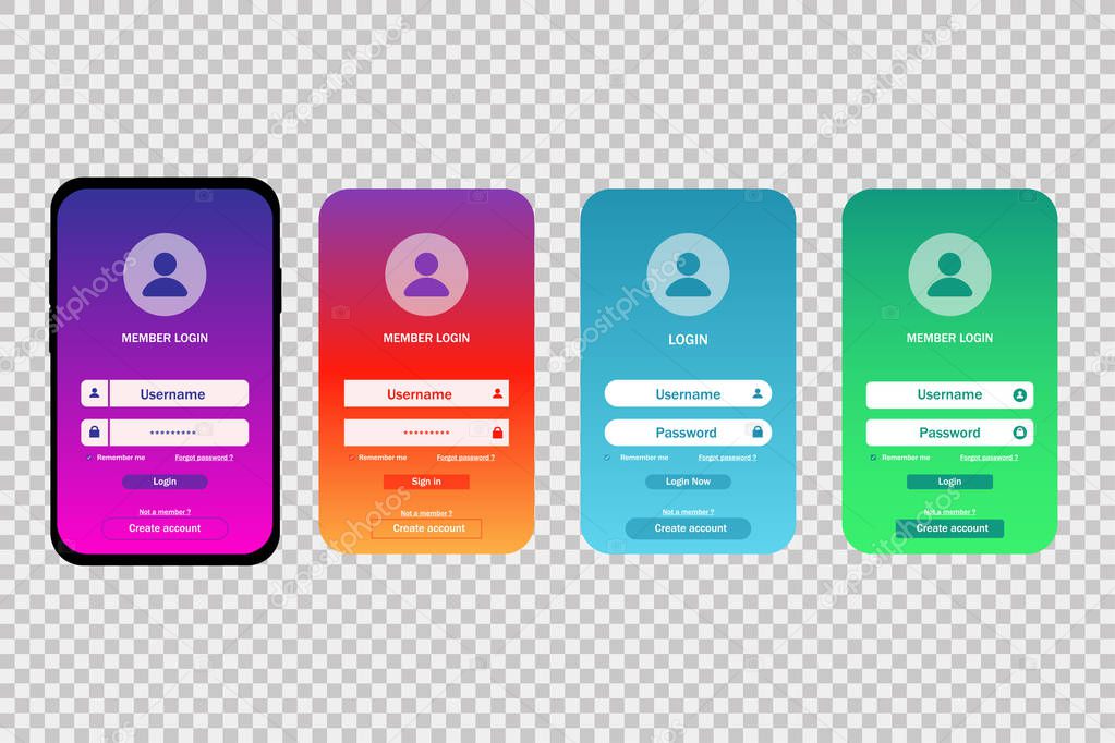 Vector illustration for phone displays apps. Login. Network. Gradient wallpaper. Screen authorization. Button UI UX. Flat design. EPS 10.