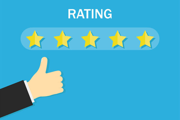 Поднимите вверх пятизвездочный знак, баннер успеха сервиса в плоском дизайне на синем фоне
.